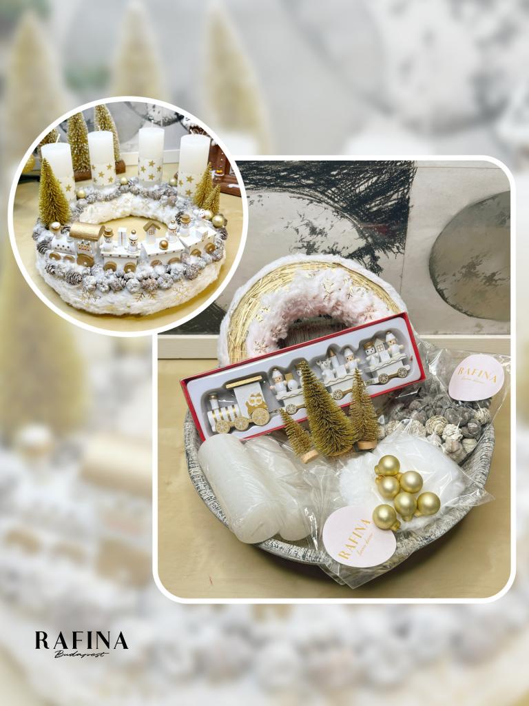 Csináld magad adventi koszorú arany-fehér vonattal 1