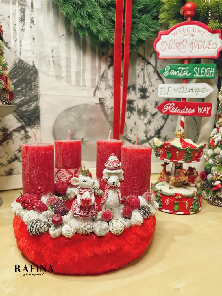 Adventi koszorú egérpárral piros színű 1