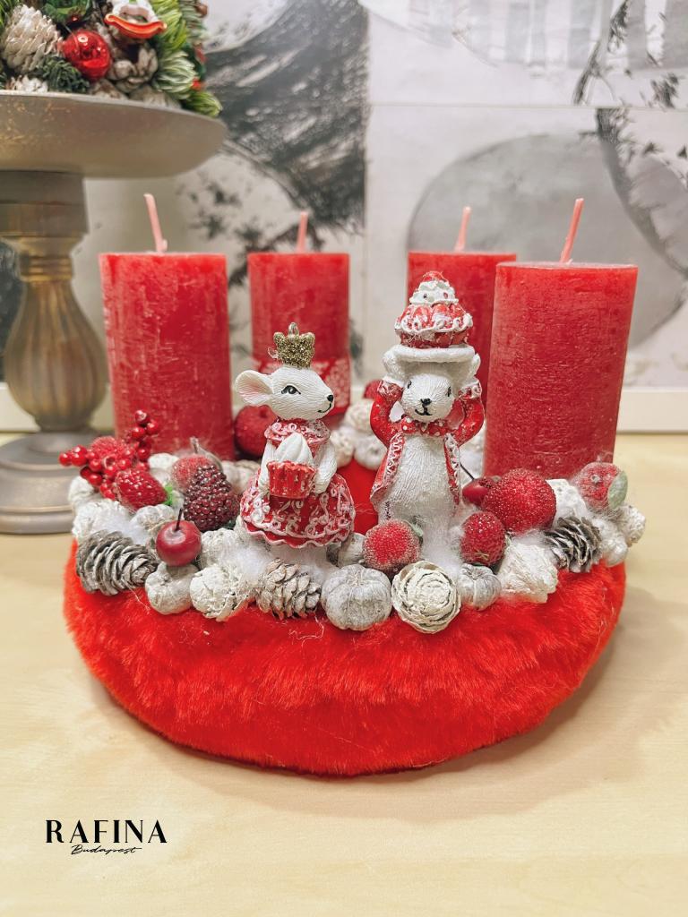 Adventi koszorú egérpárral piros színű 1