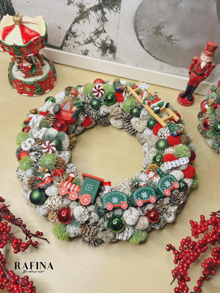 Karácsonyi kavalkád vonattal, adventi kopogtató ajtóra 35cm 1