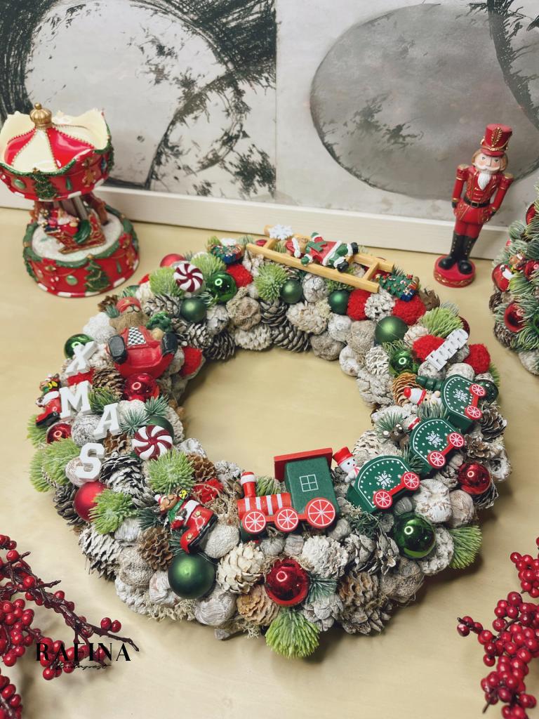 Karácsonyi kavalkád vonattal, adventi kopogtató ajtóra 35cm 1