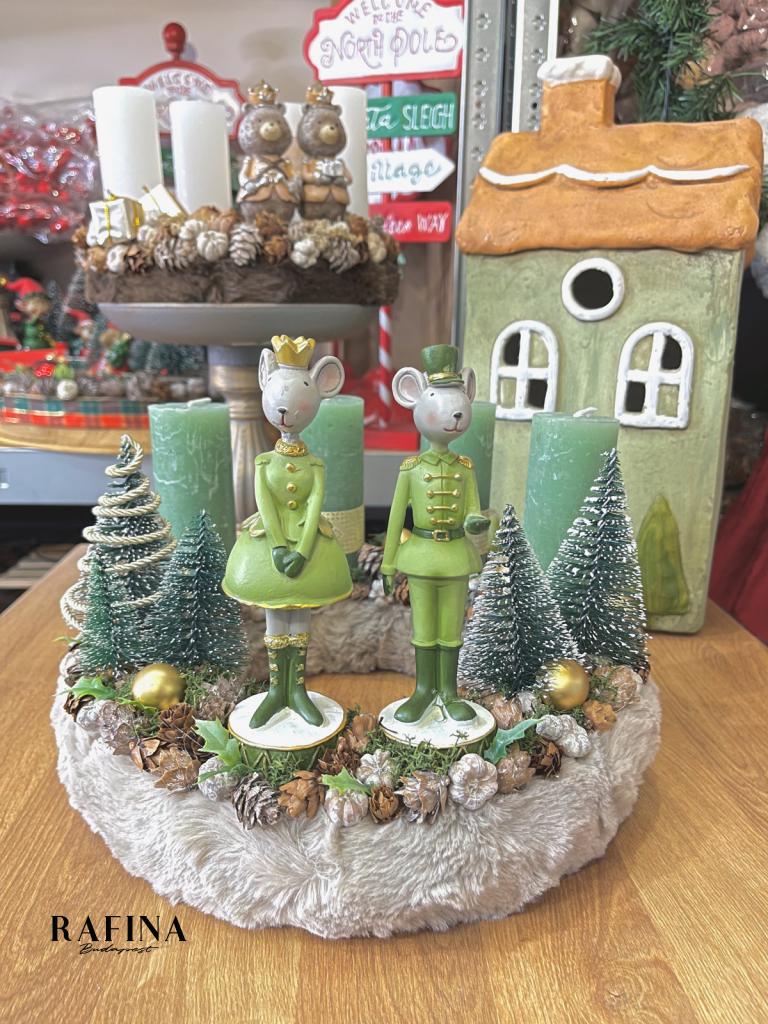 Adventi koszorú egér királyi párral, zöld-fehér, 28cm 1