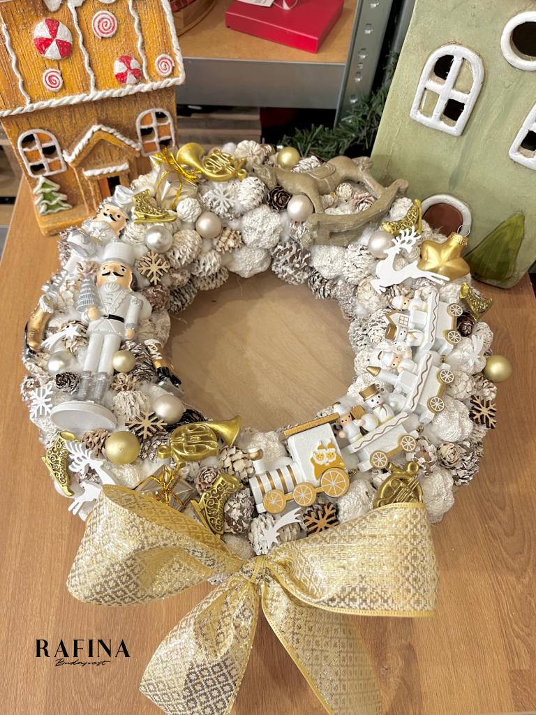 Adventi kopogtató diótörővel és vonattal, fehér-arany, 34cm 1