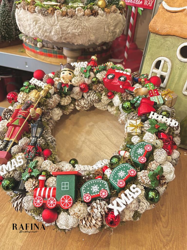 Adventi kopogtató diótörővel és vonattal, piros-zöld, 34cm 1