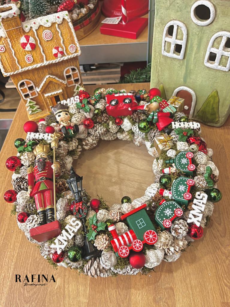Adventi kopogtató diótörővel és vonattal, piros-zöld, 34cm 1