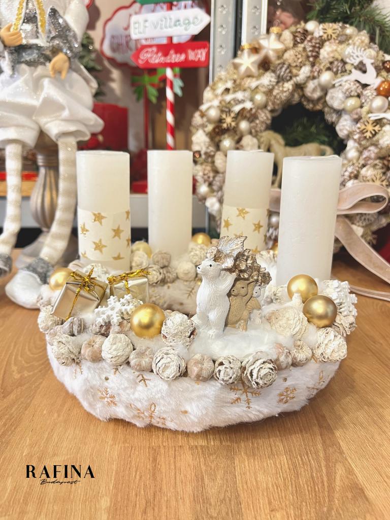 Adventi koszorú jegesmedvével és mókussal, fehér-arany, 28cm 1