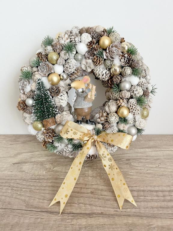 NULLA Fehér-arany-szürke adventi kopogató egérrel, 23cm