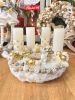 Adventi koszorú jegesmedvével és mókussal, fehér-arany, 28cm 2